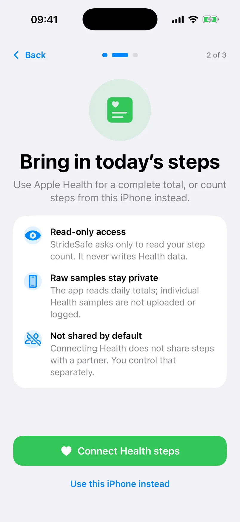 StrideSafe Apple Health onboarding with read-only access and private raw samples