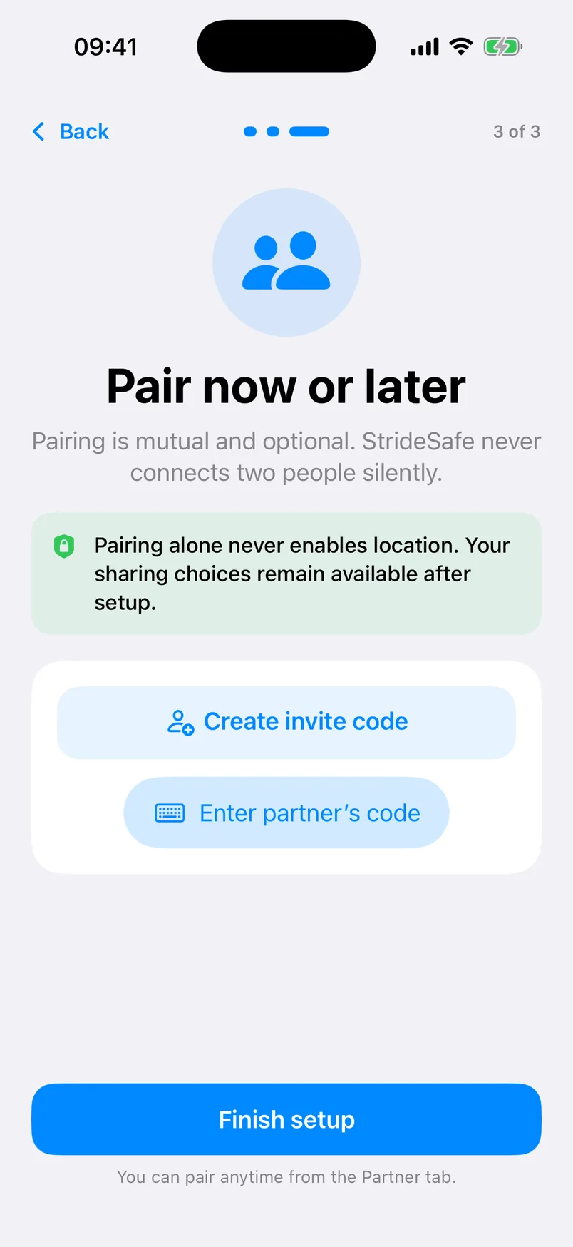 StrideSafe onboarding offering optional pairing with a trusted partner