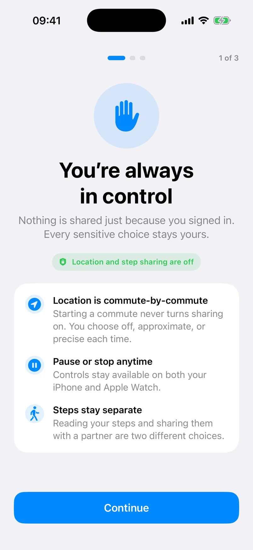 StrideSafe onboarding explaining that location and step sharing start off