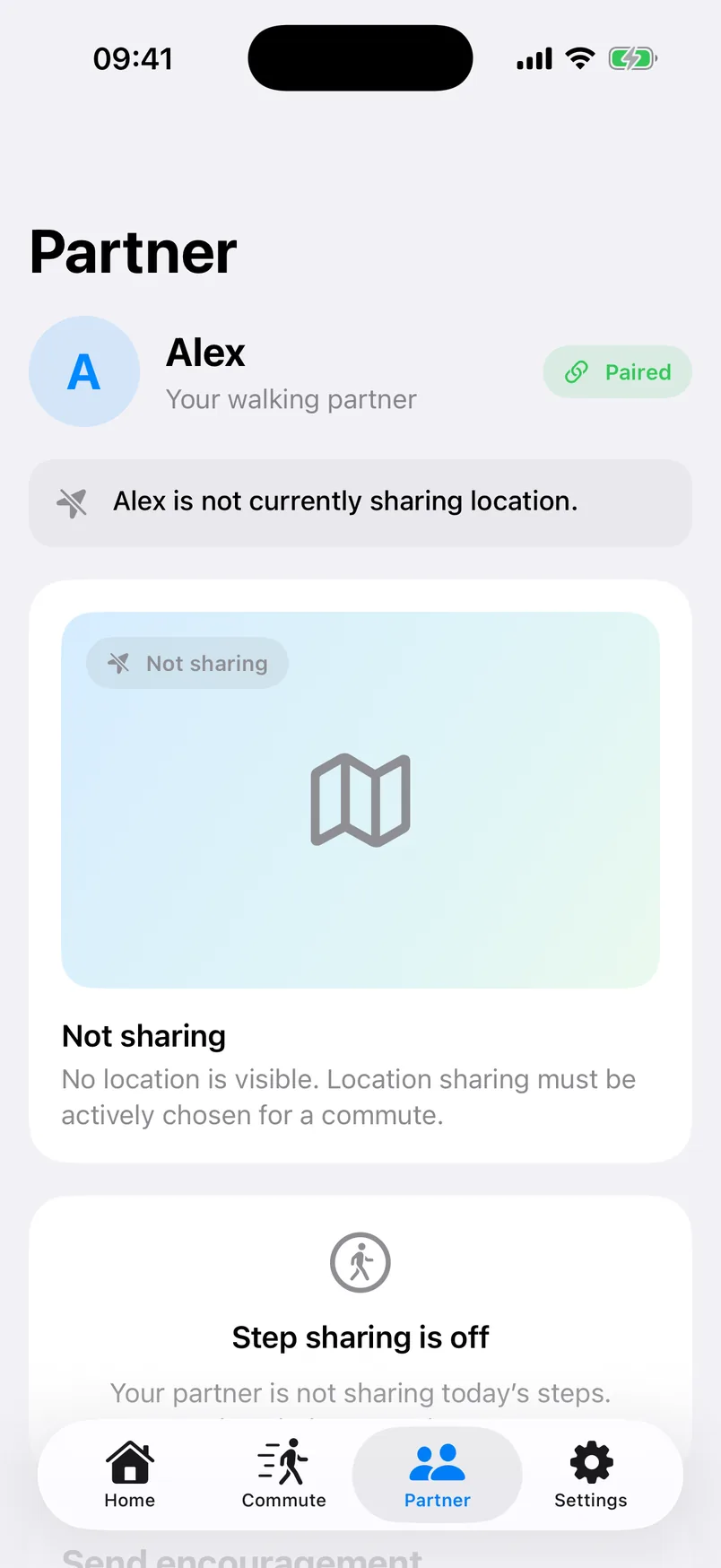 StrideSafe partner screen showing that location and step sharing are off