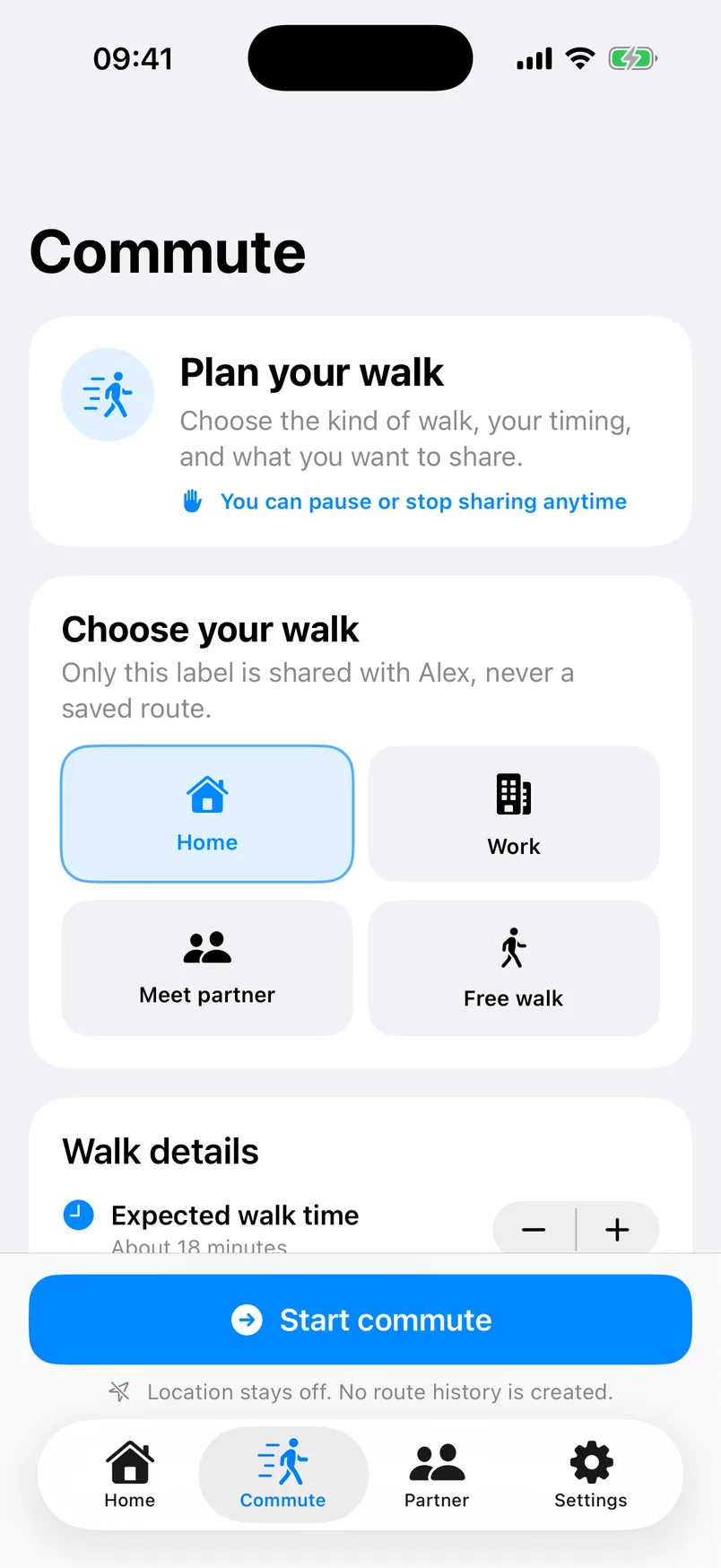 StrideSafe commute planner with walk type, timing, and sharing controls