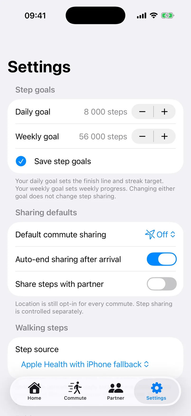 StrideSafe settings with step goals and separate sharing controls