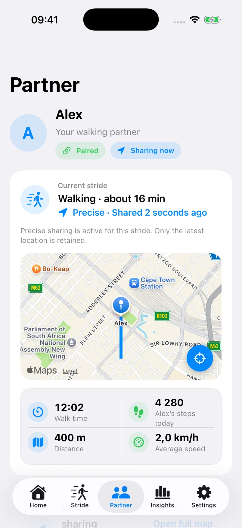StrideSafe partner view: following Alex’s active Free Walk on a map with live-route sharing enabled.