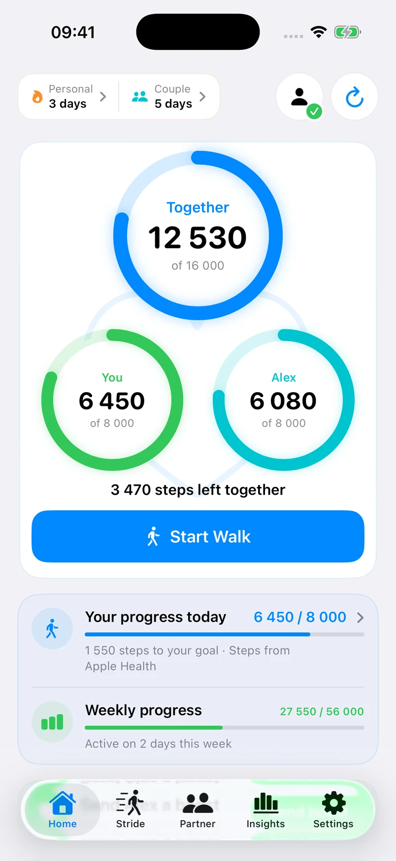 StrideSafe Home with fictional personal steps, daily goal, streak and shared finish line.